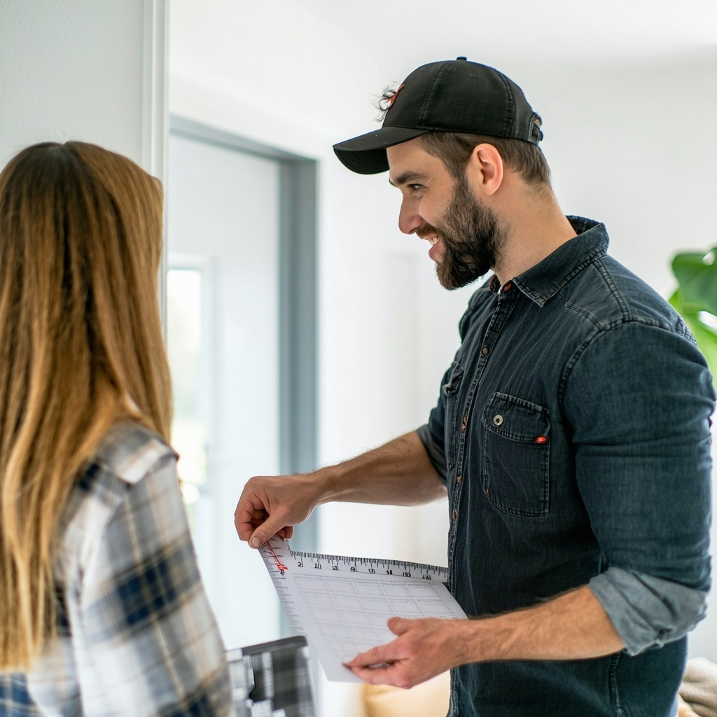 An estimator that came to the home and is measuring something at home for that he needs to make a good estimate I need a picture of him measuring and talking to the client-3