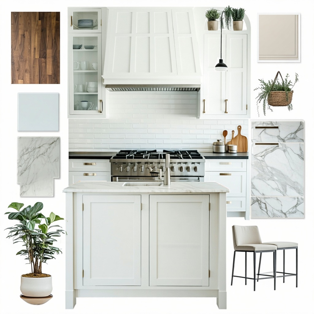 I need a picture of a mood board for my service page that I am building I want to the mood board to consist of kitchen cabinets tile backsplash and have the main colors be white or ivory-1
